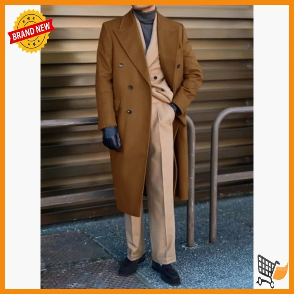 Men's Wool Blend Trench Coat Double Breasted Peacoat Winter Overcoat